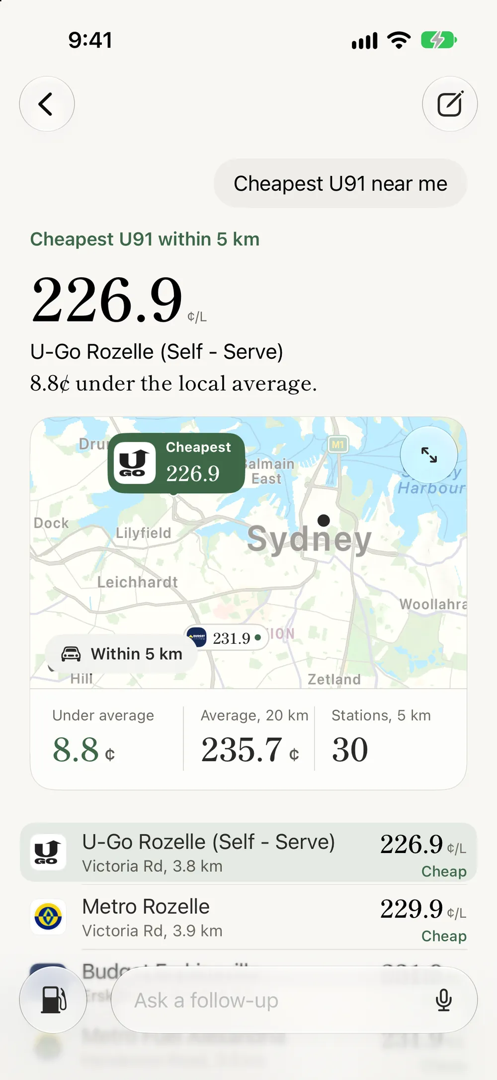 The Assistant: the cheapest U91 near me is 226.9 at U-Go Rozelle, 8.8 cents under the local average