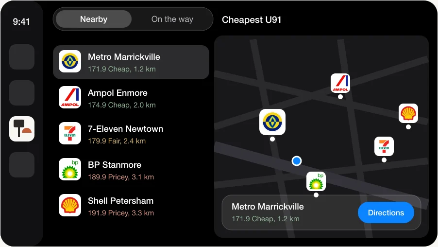 The app in CarPlay: a list of the cheapest U91 nearby beside a map of the servos