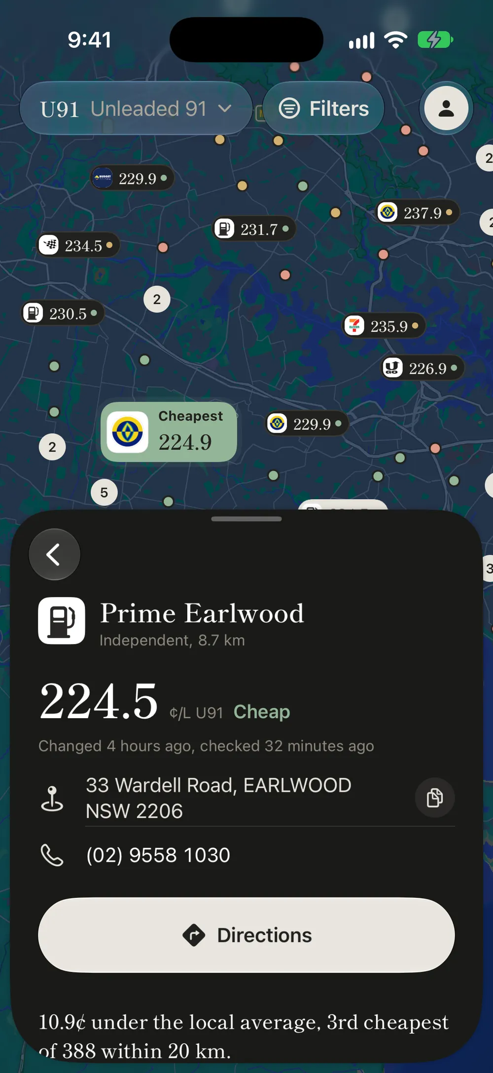 A station page: Prime Earlwood, 224.5 cents a litre for U91, with when it last changed