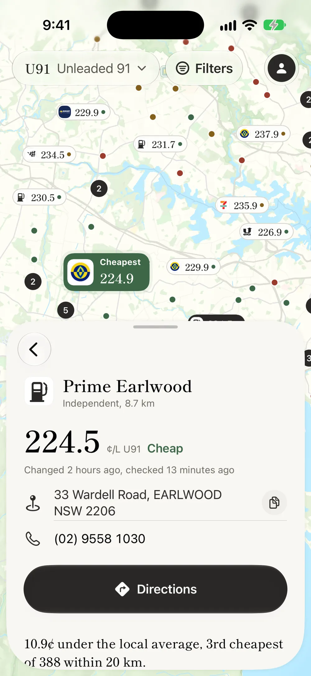 A station page: Prime Earlwood, 224.5 cents a litre for U91, with when it last changed
