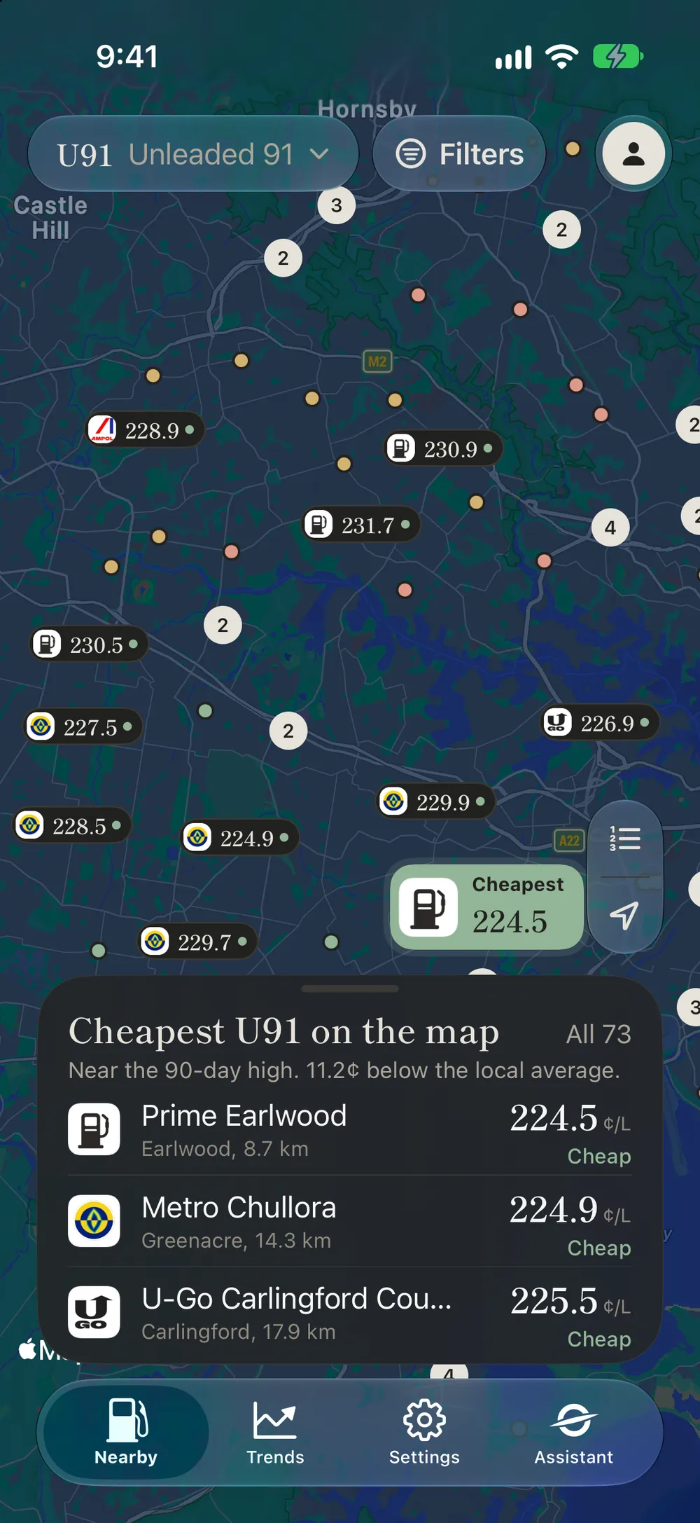 The Nearby screen: a map of Sydney with each servo's U91 price, the cheapest marked, and the three cheapest listed